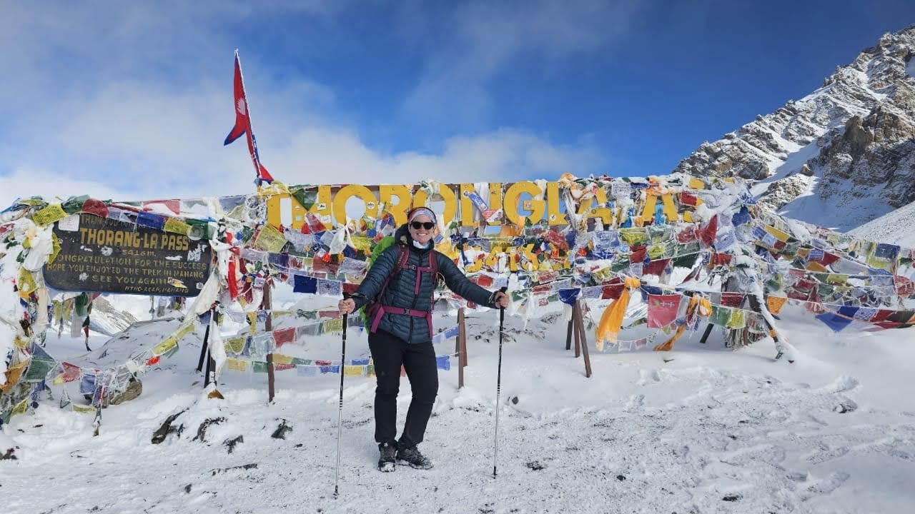 Regan conquering the Thorong-La Pass on the Annapurna Circuit